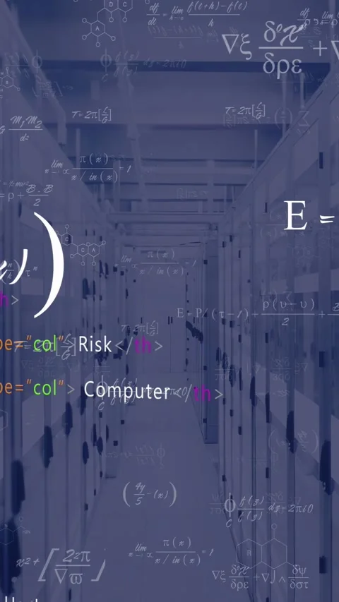 Vertical video: Math derivative appearing, overlays stacking over server aisle Stock Footage 332595037