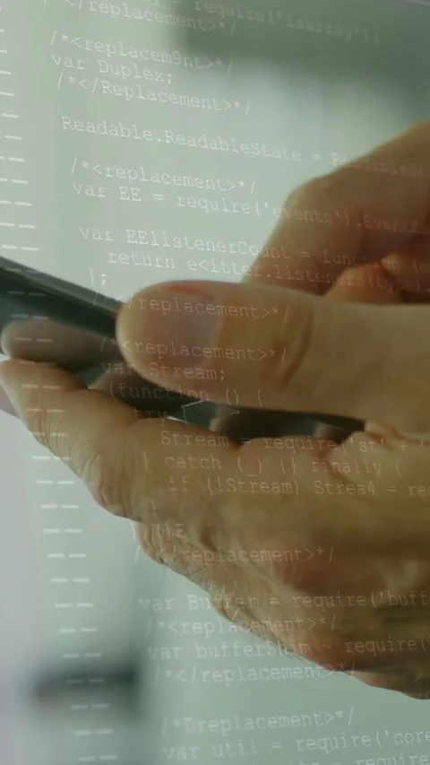 Vertical video: Mature hands tapping phone, code overlay growing and blending Stock Footage 330332979