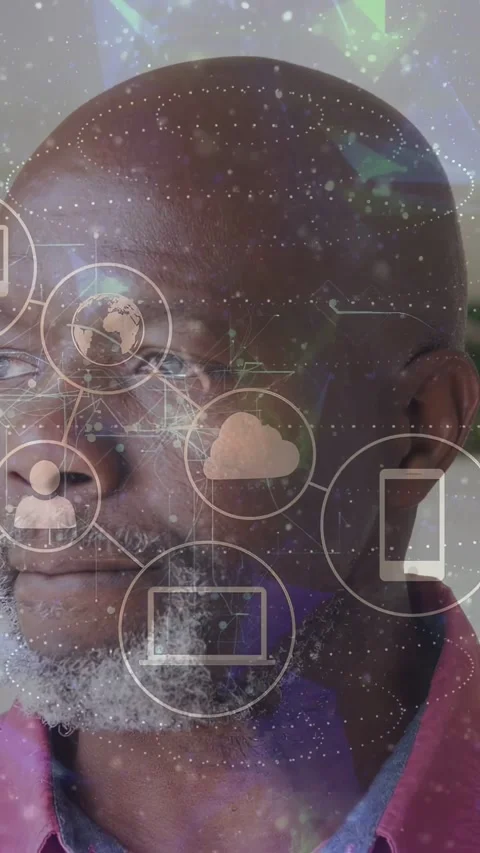 Vertical video: Mature man holding still, cloud appearing forming icon network Stock Footage 337540910