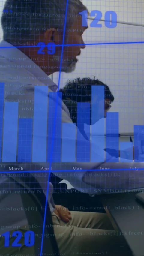 Vertical video: Mature man reaching table, starting data updating blue bars and Stock Footage 334319468