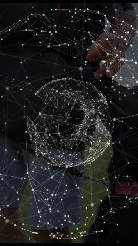 Vertical video: Mature man reaching toward node sphere on grass, tech overlay Stock Footage 334540530