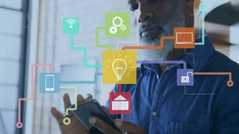Vertical video: Mature man tapping phone near window, causing tech icon map with Stock Footage 334111784