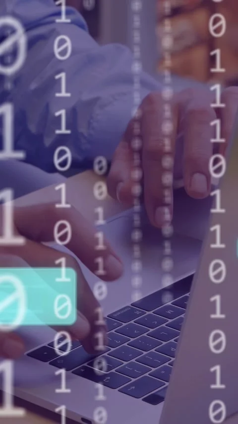 Vertical video: Mature man touching trackpad then typing keys for coding, binary Stockbeeldmateriaal 335507629