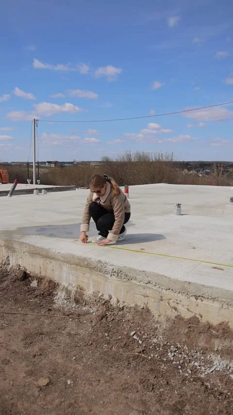 Vertical video. Measuring foundation dimensions at construction site in clear Vídeos de archivo 307705721