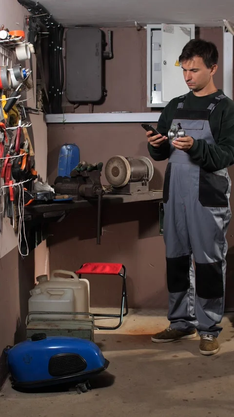 Vertical video mechanic in overalls holding a car part and smartphone, checking Stock Footage 342768258