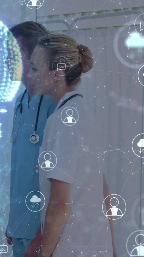 Vertical video: Med staff checking chart for care while camera panning holo Stock Footage 333079750