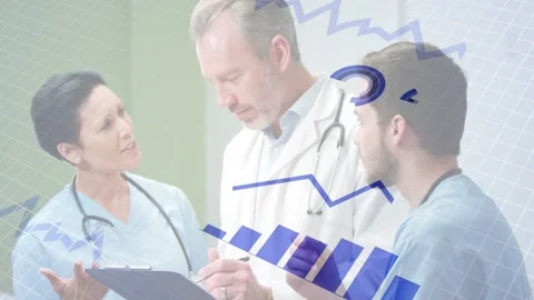 Vertical video: Med team reading chart in clinic sparking blue charts overlay Stock Footage 332804589