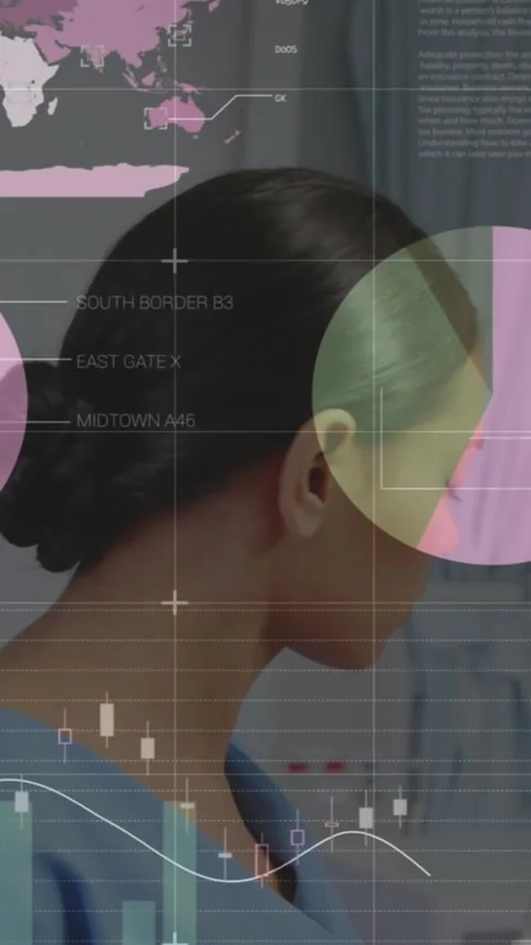 Vertical video: Medical data emerging, clinician turning head, checking charts, Stock Footage 330333005