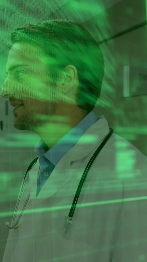 Vertical video: Medical data feed starting green code overlay covering doctor in Stock Footage 330655318