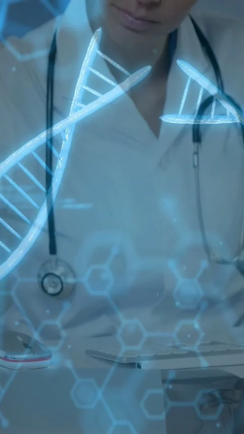 Vertical video: Medical data starting DNA and code overlay while clinician Stock Footage 332595297