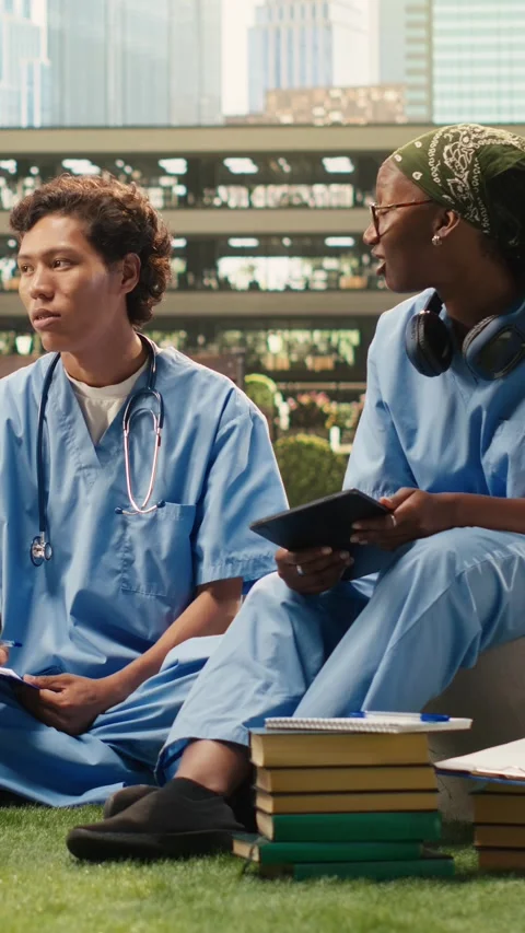 Vertical Video Medical students collaborating around laptop and case study notes 動画素材 341320880
