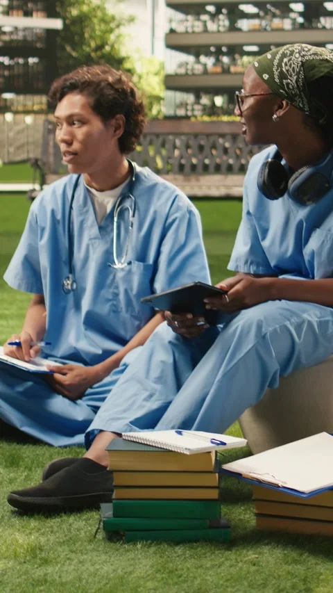 Vertical Video Medical students collaborating around laptop and case study notes 動画素材 341457717