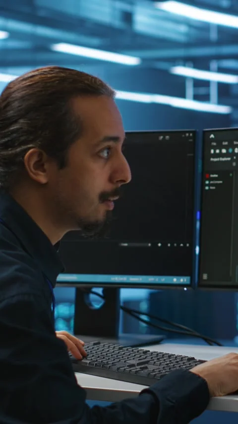 Vertical video Men coding together in high tech server hub, using computers to Video stock 276138722