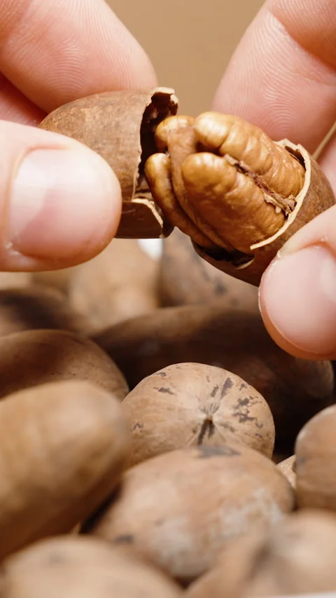 Vertical video. Men's hands shell a pecan nut, crack the shell into two halves, 스톡 동영상 267177526