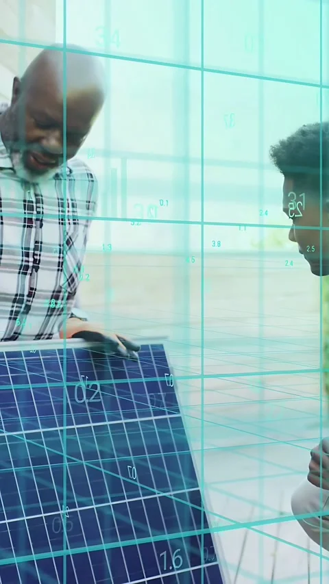 Vertical video: Mentor guiding trainee plugging solar panel cable, HUD charts 動画素材 334046729