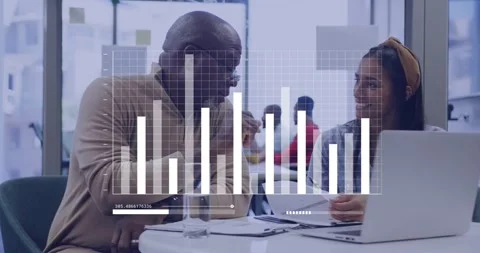 Vertical video: Mentor leaning, chart appearing as pair checking biz data on Stock Footage 331048355