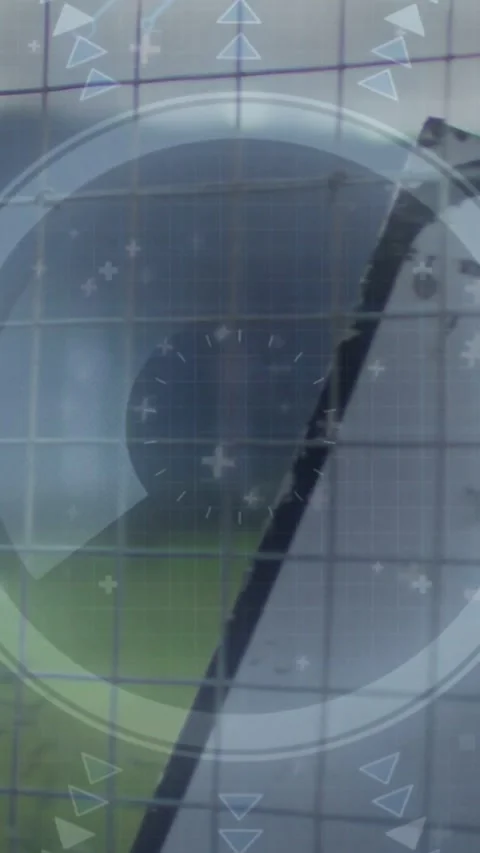 Vertical video: Mesh in foreground, system initiating scan, HUD forming reticle Stock Footage 334392310
