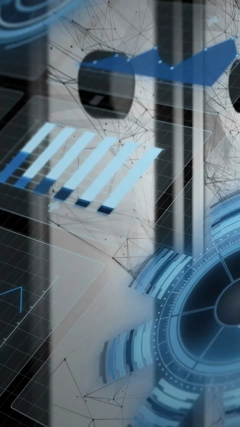Vertical video: Metal panel receiving data, showing technology HUD visualizing Stock Footage 334319093