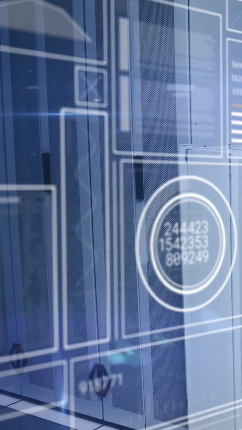 Vertical video: Metal server cabinets staying still in data center HUD panels Stock Footage 334549825