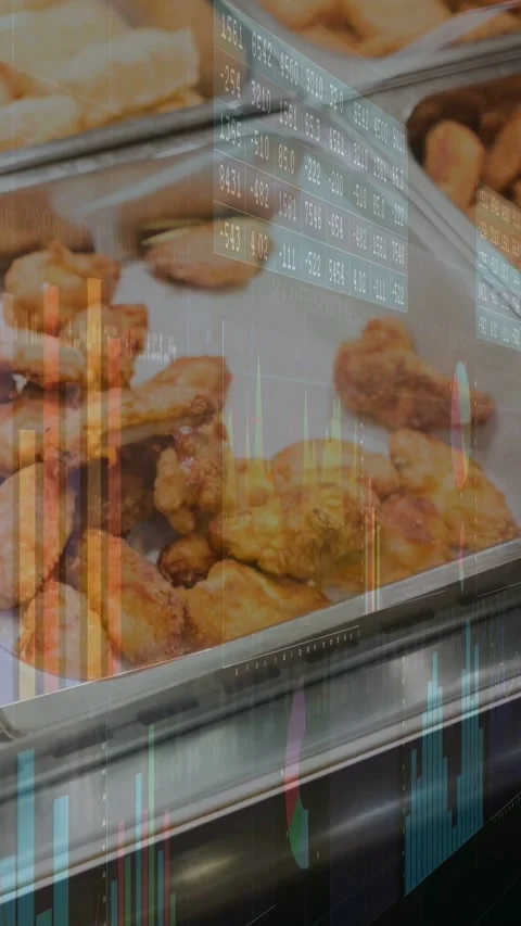 Vertical video: Metal tray with fried wings, charts appearing while camera Stock Footage 332845660