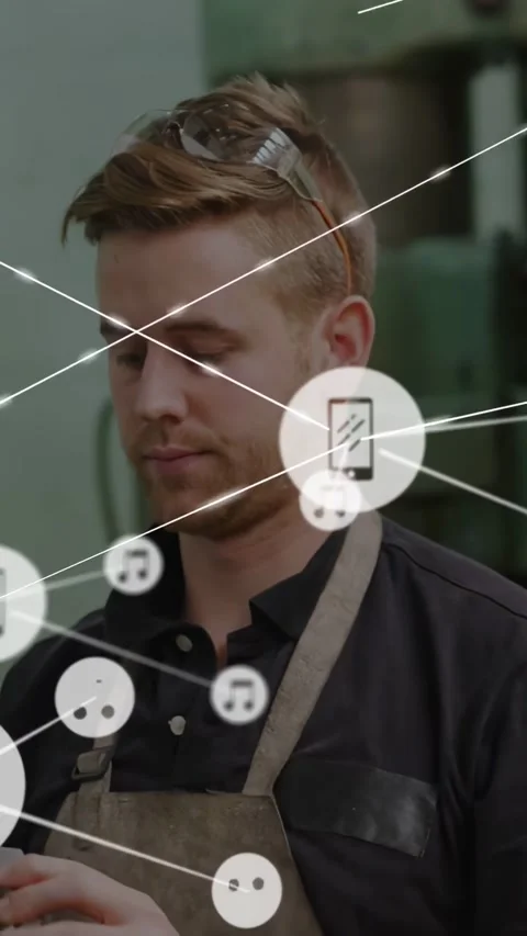 Vertical video: Metalworker testing metal part causing phone overlay spreading Stock Footage 331215846