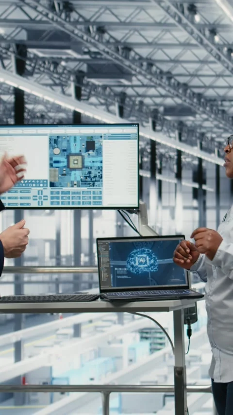Vertical video Microchip factory employees using AI deep learning tech to Stock Footage 333614136