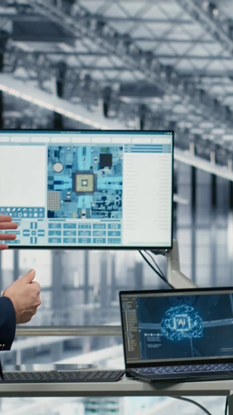 Vertical video Microchip factory employees using AI deep learning tech to Stock Footage 333614579