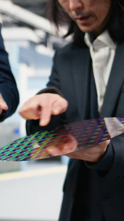 Vertical video Microchip factory senior manager testing silicon wafer batches Stock Footage 333614983