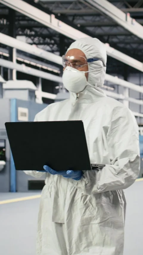 Vertical video Microchip factory specialist tests silicon wafer batches with Stock Footage 333615454