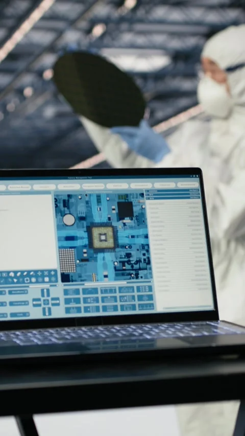 Vertical video Microchip foundry engineer monitoring PCB components hardware Stock Footage 333614751