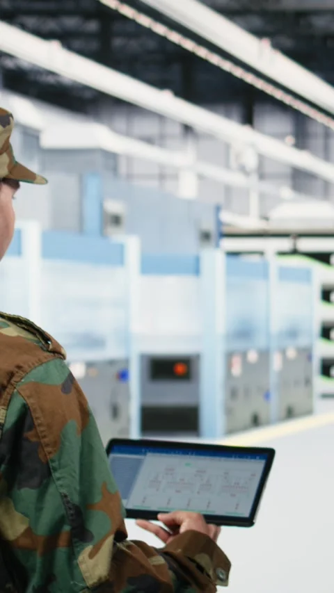 Vertical video Microelectronics production factory manager and soldier Stock Footage 333615016