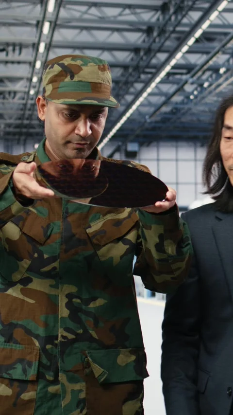 Vertical video Microelectronics production factory manager and soldier Stock Footage 333615027