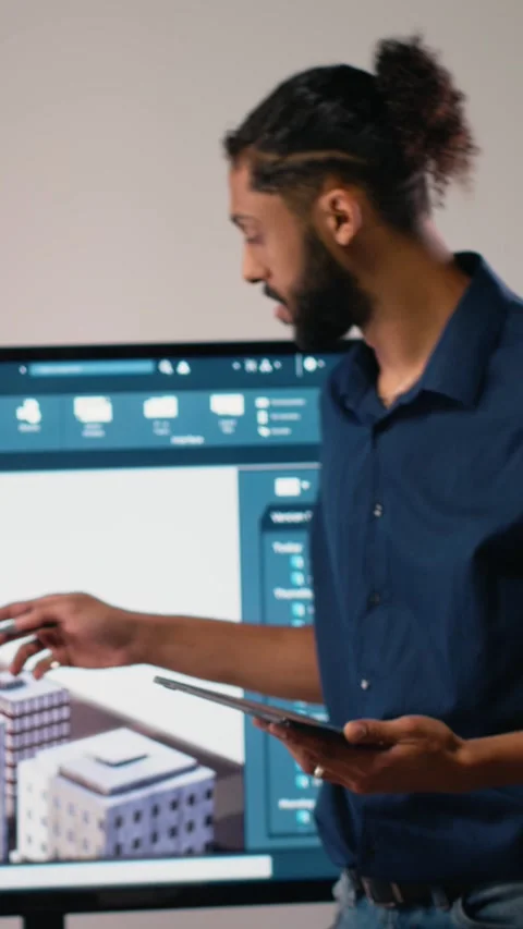 Vertical Video Middle eastern urban developer presenting blueprints master plan Stock Footage 316340572