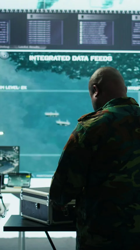 Vertical Video Military specialist in command post uses advanced technology and Stock Footage 280013323