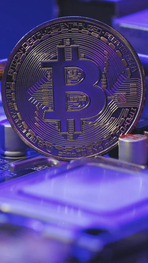 Vertical Video of Mining and trading. Bitcoin BTC and CPU processor on the Stock Footage 304329835
