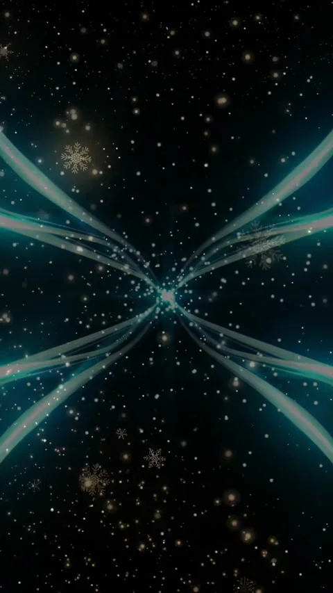 Vertical video: Mirrored teal ribbons pulsing in starfield, center knot glowing, Stock Footage 332381736