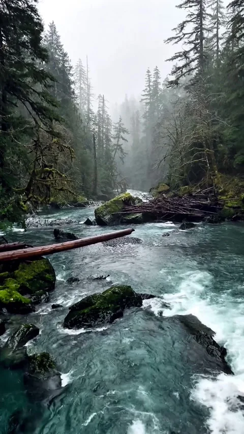 Vertical Video of Misty Forest River Flowing Over Mossy Rocks Stock Footage 337712887