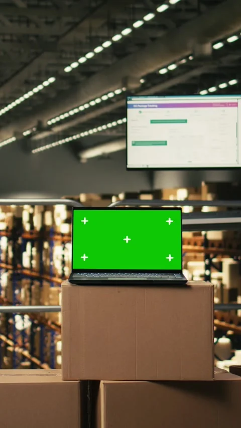 Vertical Video Mockup chroma key display in empty warehouse distribution center Stock Footage 330138945