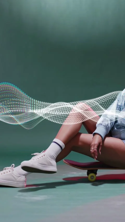 Vertical video: Model reacting to waveform sweeping green set by posing on Stock Footage 332985114