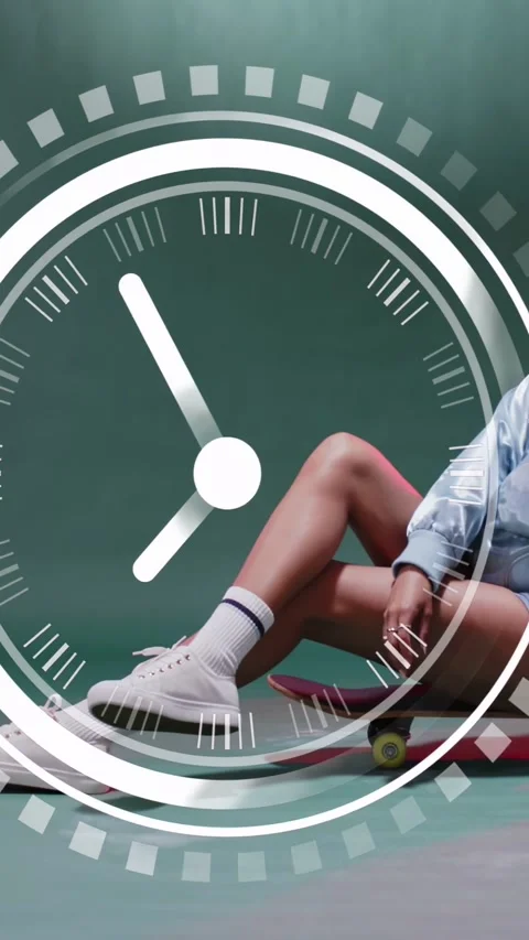 Vertical video: Model on skateboard posing for fashion shoot, clock animating Stock Footage 340133491