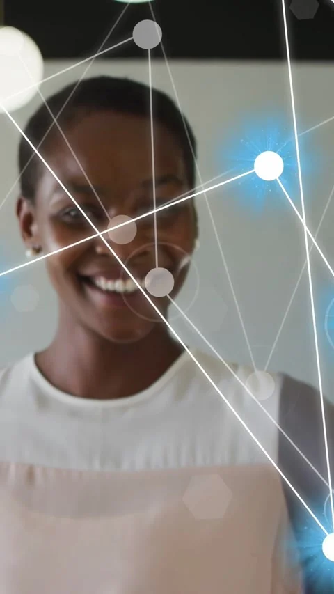 Vertical video: Model smiling while network overlay appearing pulsing blue nodes Stock Footage 334046849