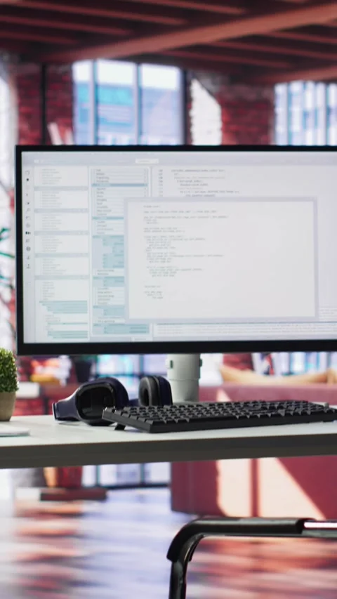 Vertical Video Modern loft with desktop monitor ready for coding and programming Stock Footage 308706036