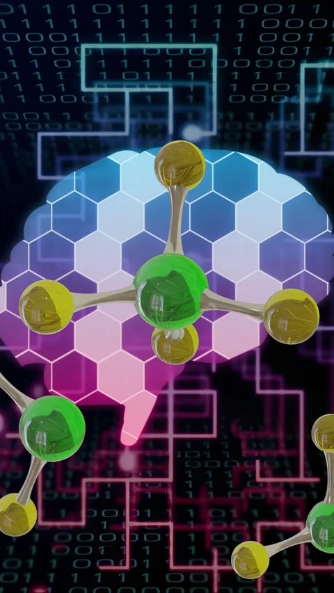 Vertical video: Molecules entering bottom growing clustering over hex brain Stock Footage 335802626