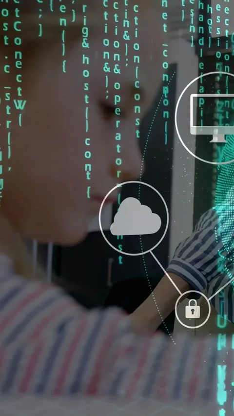 Vertical video: Mom tapping device, growing AR code and cloud lock icons while Stock Footage 331274217