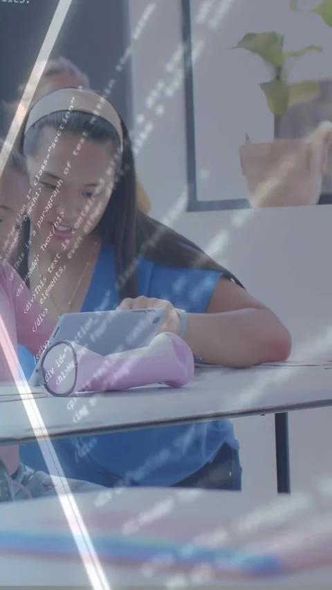 Vertical video: Mom tapping tablet, teaching kid at home, causing hexagon 스톡 동영상 331271052