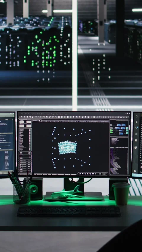 Vertical video Monitors in data center displaying node tree interfaces Video stock 307969135