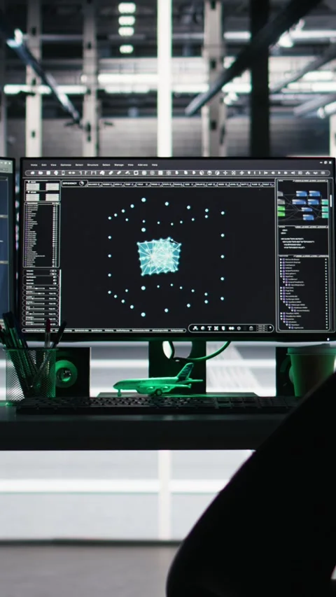 Vertical video Monitors in data center displaying node tree programming software Stock Footage 308752137