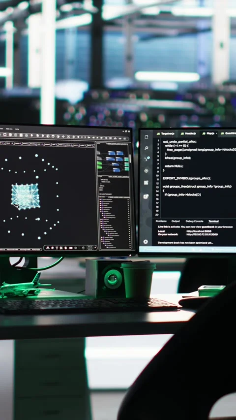 Vertical video Monitors in data center displaying node tree programming software Stock Footage 308753685