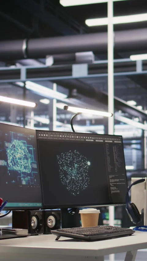 Vertical video Monitors displaying status of data center hardware supporting AI Stock Footage 309486394