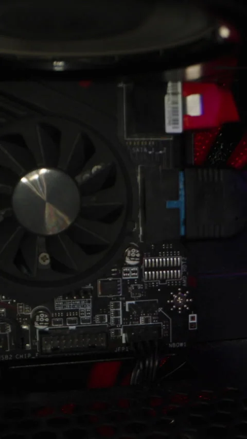 Vertical video. Motherboard inside a working computer system unit with RGB lit c Stock Footage 266185443